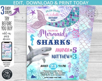 Mermaids and Sharks joint birthday under the sea siblings invitation purple sibling girl boy double party invite. Editable design. 062HPA 02