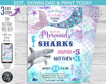 Mermaids and Sharks joint birthday under the sea siblings invitation purple sibling girl boy double party invite. Editable design. 062HPA 02