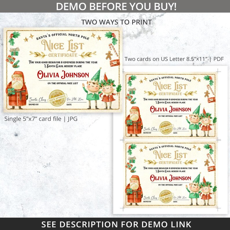 May include: A digital Christmas-themed printable featuring a "Nice List Certificate" with Santa Claus and elf illustrations. The certificate includes the text "Olivia Johnson" and is available in two print formats: a single 5"x7" card file and two cards on US Letter 8.5"x11" PDF.