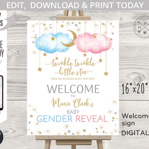Twinkle twinkle little star welcome sign he or she gender reveal baby shower 16x20. Blue pink boy girl. Editable printable. 177HPA 18 B