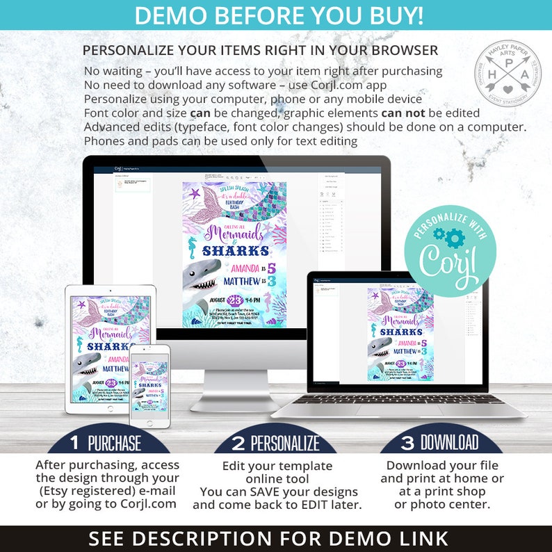 May include: A digital mockup of a printable invitation for a mermaid and shark themed birthday party. The invitation features a mermaid and a shark with the text "Mermaids & Sharks" and the names "Amanda 5" and "Matthew 3". The invitation is available for customisation using the Corjl.com app.