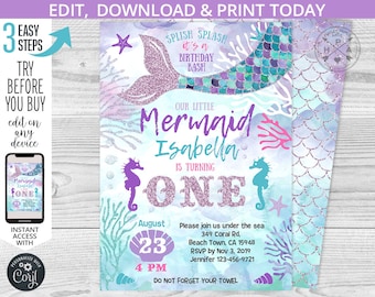 May include: A mermaid-themed first birthday party invitation with a purple and blue watercolor background. The invitation features a mermaid tail with glitter, a seahorse, and the text "Our Little Mermaid Isabella is turning One". The date is August 23rd at 4 PM. The invitation also includes the address and RSVP information.