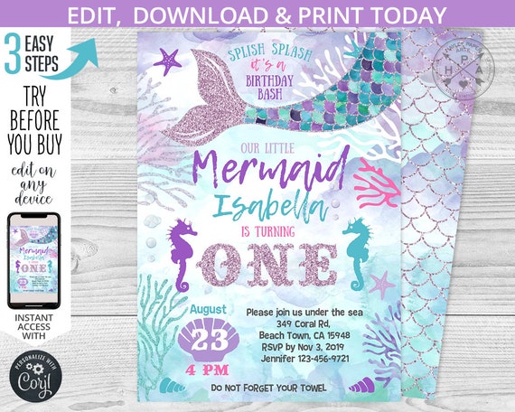 Mermaid first birthday under the sea invitation purple glitter aqua pink girl summer party invite invitations. Editable template. 060HPA 03 Il_570xn