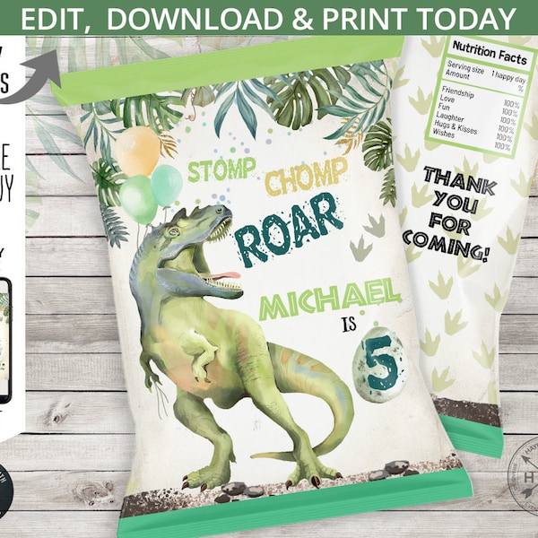 Dinosaur chips bag birthday dino dino-mite T-Rex party any age favor bag prehistoric animals green roar. Editable printable. 139HPA 30 A
