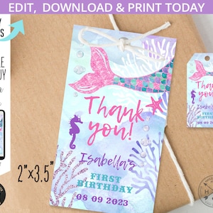 Obrigado de sereia, você favorece a festa de aniversário de qualquer idade, menina, cauda de brilho rosa roxo. Download editável para impressão. 060HPA 10 C