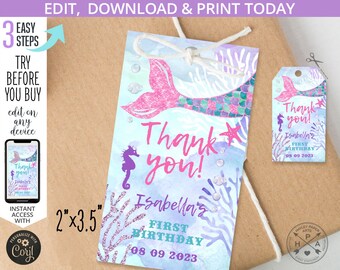 May include: A mermaid tail thank you tag with a pink and green mermaid tail, a purple seahorse, and the text "Thank you! Isabella's First Birthday 08 09 2023".
