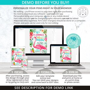 May include: A digital design template for a flamingo pool party invitation. The template features a pink flamingo with the text "Let's Flamingle at Olivia's Pool" and a tropical background. The template can be personalized using the Corjl.com app.