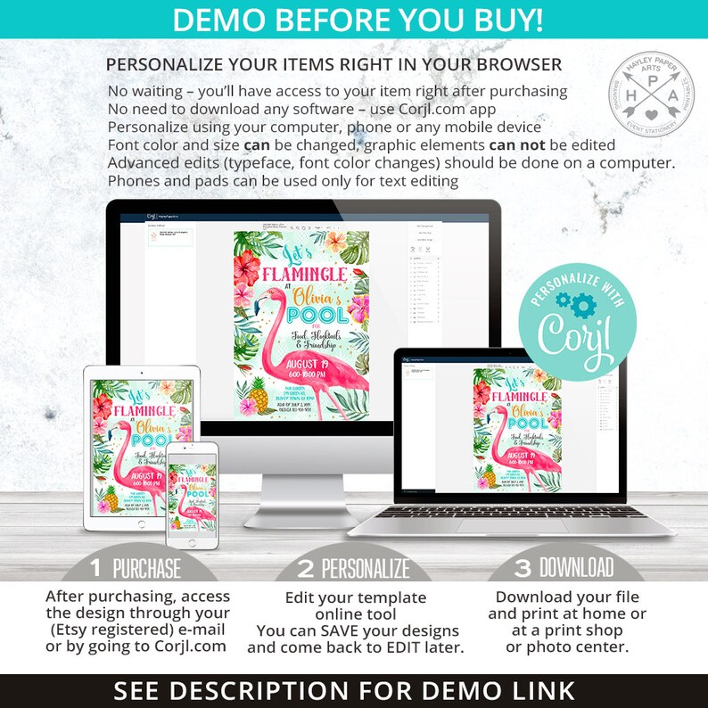 May include: A digital design template for a flamingo pool party invitation. The template features a pink flamingo with the text "Let's Flamingle at Olivia's Pool" and a tropical background. The template can be personalized using the Corjl.com app.