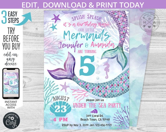 Mermaid birthday under the sea twins girls invitation purple teal aqua b-day mermaids bash any age party invite Editable template. 060HPA 06 Il_570xn
