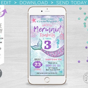 May include: A digital invitation for a mermaid-themed birthday party. The invitation features a purple and green mermaid tail with a sparkly background. The text reads "Splish Splash it's a birthday bash! Our little Mermaid Isabella is turning 3." The invitation also includes the date, time, and location of the party.