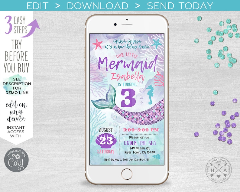 May include: A digital invitation for a mermaid-themed birthday party. The invitation features a purple and green mermaid tail with a sparkly background. The text reads "Splish Splash it's a birthday bash! Our little Mermaid Isabella is turning 3." The invitation also includes the date, time, and location of the party.