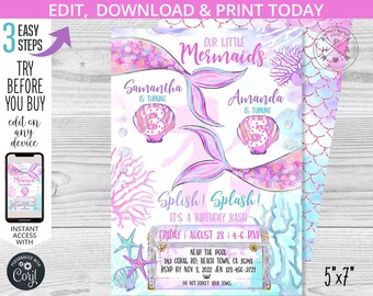 May include: A printable invitation for a mermaid-themed birthday party. The invitation features a pink and purple mermaid tail with a seashell and the text "Our Little Mermaids". The invitation is 5 inches by 7 inches.