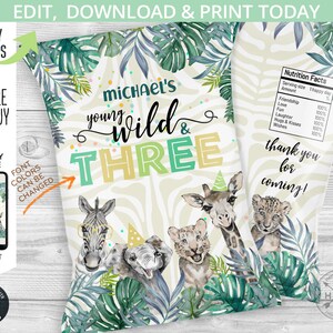 Etiqueta de bolsa de tres chips salvajes de safari en la jungla, envoltorio de bocadillos, animales de safari, regalos de chips para el tercer cumpleaños. Editable imprimible. 124HPA 30C