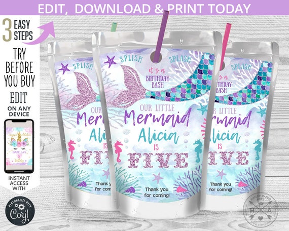 Mermaid Juice Bag Label Capri Juice Bags Under The Sea Juice Etsy 日本