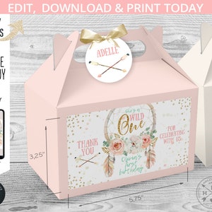 EDITABLE Dreamcatcher wild one first birthday gable gift box labels. Pink pastel handle favor takeway box tags Editable template 122HPA 26 C
