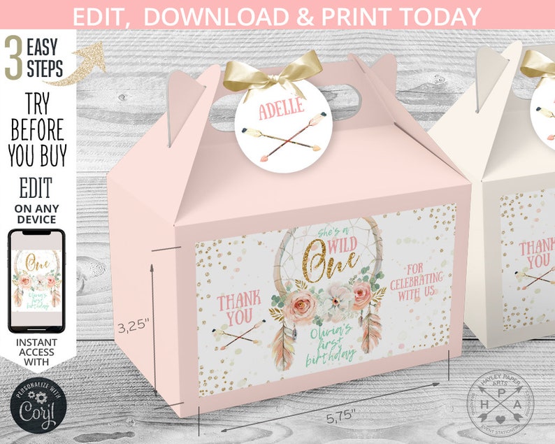 EDITABLE Dreamcatcher wild one first birthday gable gift box labels. Pink pastel handle favor takeway box tags Editable template 122HPA 26 C image 1