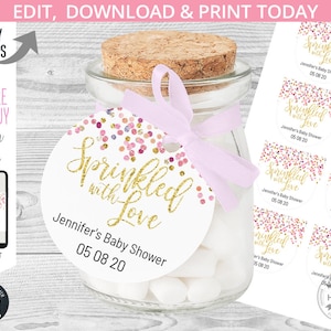 Etiqueta redonda de 2 x 2 pulgadas con forma de confeti de amor para regalo de baby shower. Acceso instantáneo a la plantilla. Editada por ti. Instantáneamente. 039HPA 06