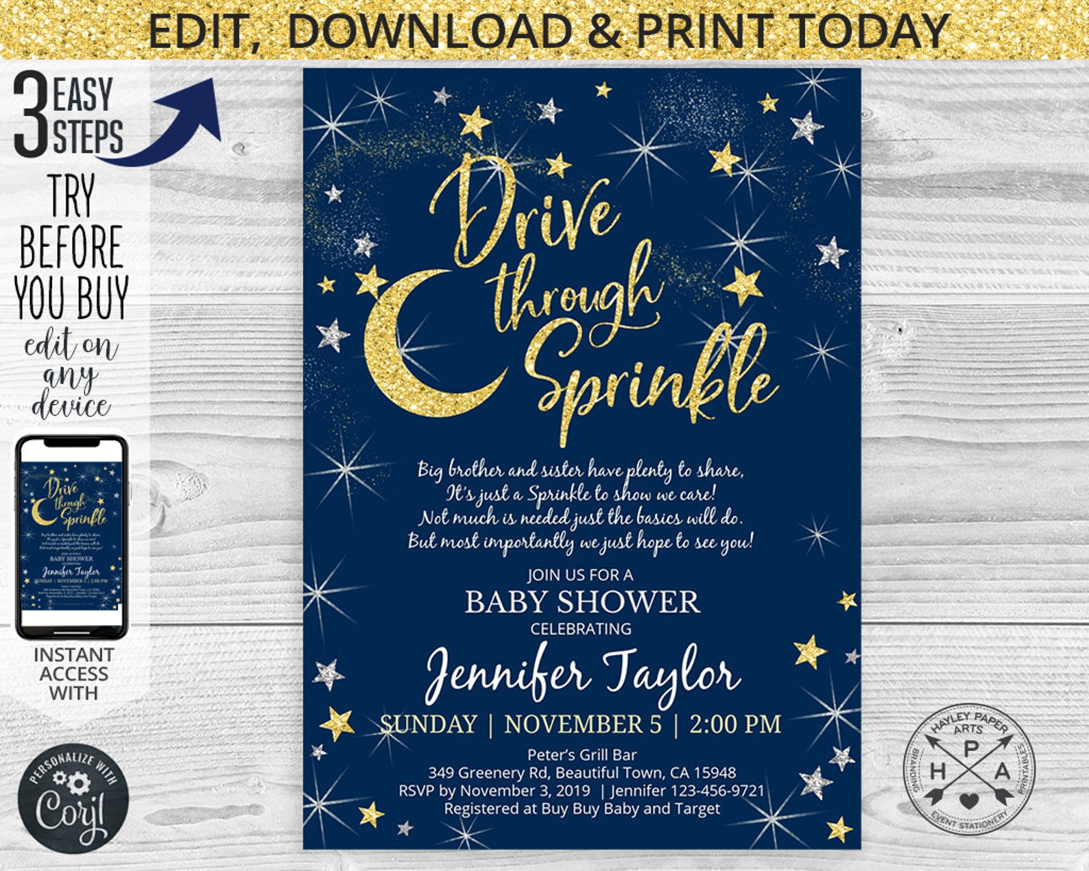 EDITABLE Drive Through Sprinkle Baby Shower Poem Gold Navy Etsy