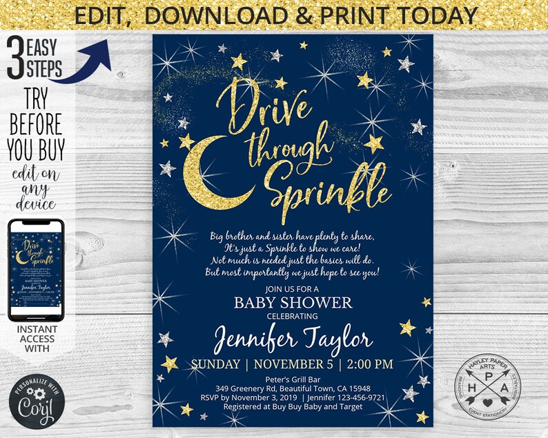 EDITABLE Drive Through Sprinkle Baby Shower Poem Gold Navy Etsy
