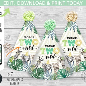 May include: Three printable party hats with a safari animal theme. The hats are 6 inches tall and feature a green, yellow, and white color scheme with a jungle animal print. The text on the hats reads "Michael's Two Wild".