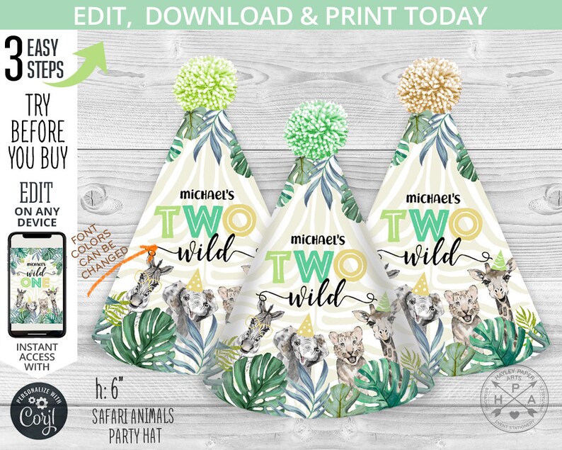 May include: Three printable party hats with a safari animal theme. The hats are 6 inches tall and feature a green, yellow and white colour scheme with a jungle animal print. The text on the hats reads "Michael's Two Wild".