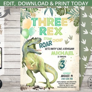 Drei Rex Dinosaurier dritter Geburtstag Einladung T-Rex Junge 3rd Dino Party Dino-Mite Dino grün brüllen Geburtstagskarte. Bearbeitbar druckbar. 132HPA 01