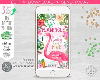 Let's Flamingle electronic birthday flamingo invitation any age tropical party, smartphone e-vite, digital Selfediting 400HPA E044 05 044HPA