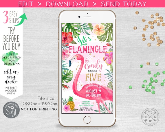 Let's Flamingle electronic birthday flamingo invitation any age tropical party, smartphone e-vite, digital Selfediting 400HPA E044 05 044HPA Il_570xn