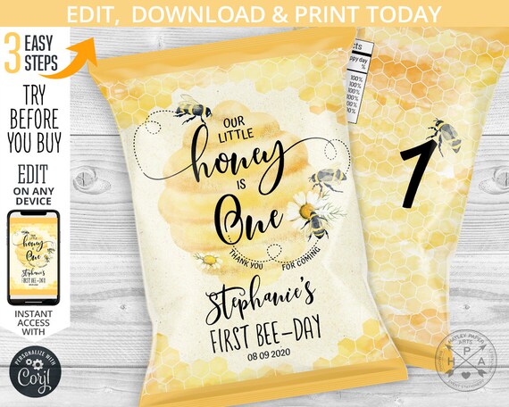 Bee snacks bag, chip treat bags, honey bee one, favor chips bag, chips pouch, first bumble bee birthday party editable template. 059HPA 17 D Il_570xn