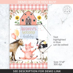 Farm birthday small paper bag gift labels. Pink barn animals cowgirl handle favor takeway. Instant access to editable template 152HPA 29 image 3