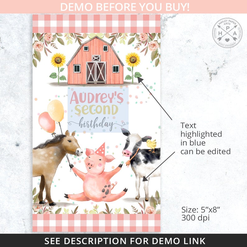 Farm birthday small paper bag gift labels. Pink barn animals cowgirl handle favor takeway. Instant access to editable template 152HPA 29 image 3