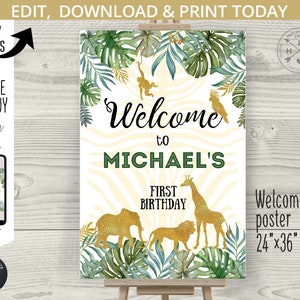 EDITABLE Jungle welcome poster sign 1st first birthday. Safari animals wild one board elephant gold sign editable template. 040HPA 16 C image 1