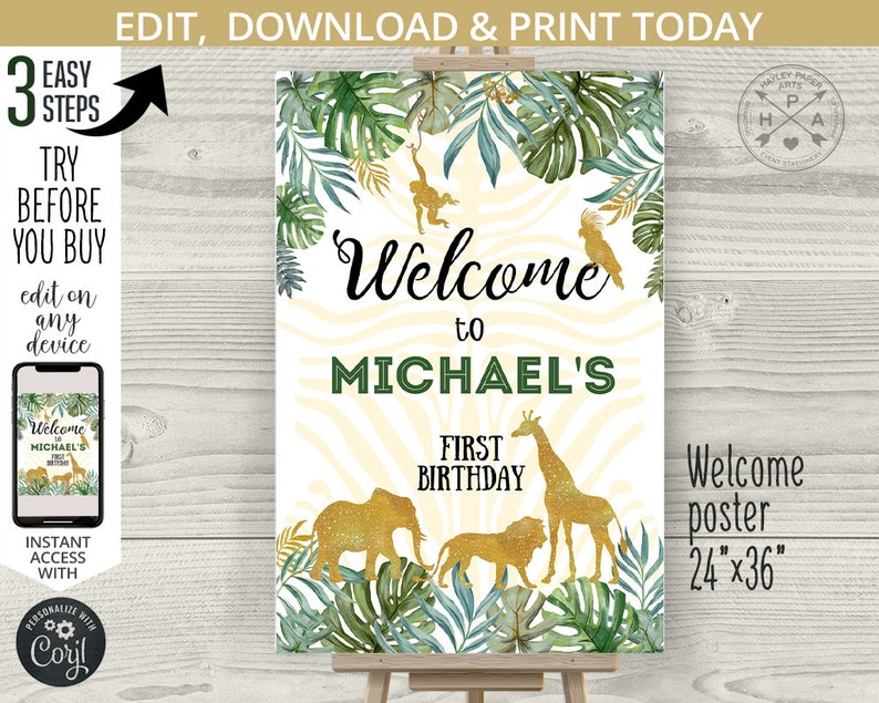 EDITABLE Jungle welcome poster sign 1st first birthday. Safari animals wild one board elephant gold sign editable template. 040HPA 16 C image 1