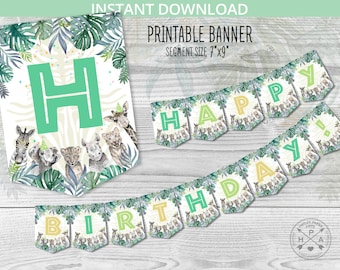 May include: Printable jungle-themed birthday banner with green leaves, animal illustrations, and the words "Happy Birthday!" in yellow and green letters. Each segment is 7 inches by 9 inches.