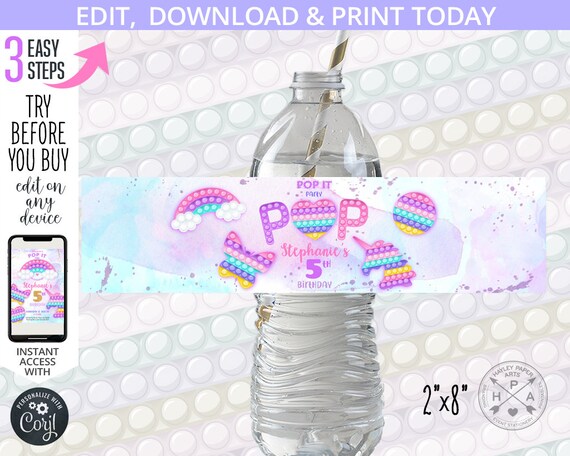 Pop it party water bottle label fidget toy birthday purple pastel pink bubble toy girl party Instant access to editable template 175HPA 12 E Il_570xn
