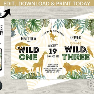 Könnte beinhalten: Bearbeitbare Einladung zu einer „Wild One“ und „Wild Three“ Geburtstagsparty. Die Einladung ist im Dschungel-Thema gehalten mit grünen Blättern, goldenen Glitzertieren und dem Text „Feiert mit uns“ mit den Namen Matthew und Oliver, ihrem Alter sowie Datum und Uhrzeit der Party.