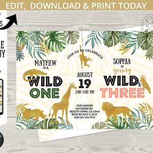 May include: A printable invitation for a wild one and wild three birthday party. The invitation features a jungle theme with green leaves, a giraffe, a lion, a rhino, and a monkey. The text on the invitation reads "Mathew is a Wild One" and "Sophia is young Wild & Three".