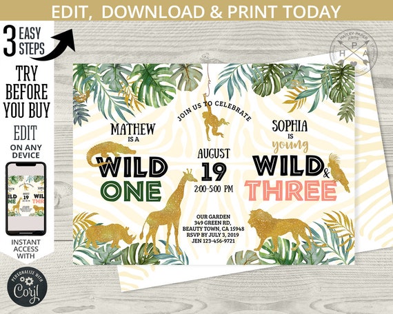 Jungle Wild One Three joint birthday invitation safari dual boy girl any age siblings party animals. Editable printable template. 040HPA 29 Il_570xn