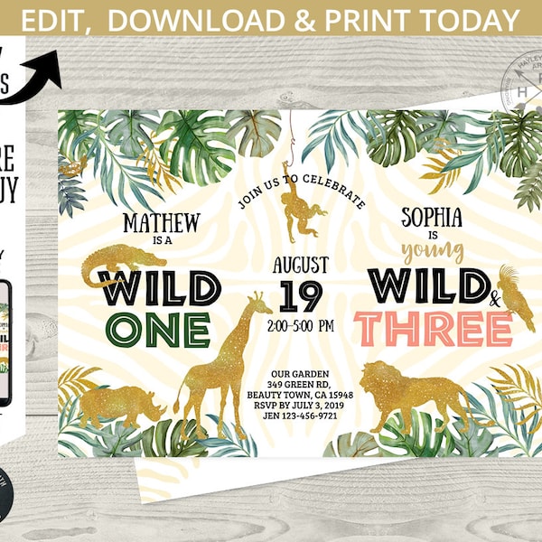 Jungle Wild One Three joint birthday invitation safari dual boy girl any age siblings party animals. Editable printable template. 040HPA 29