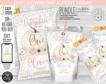 May include: A bundle of party favors with a pumpkin theme. Includes a chips bag wrapper, juice bag label, and rice krispies wrapper. The design features a white pumpkin with gold glitter accents and the text "Our Little Pumpkin is Turning One".