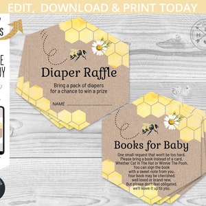 May include: Printable diaper raffle and book request cards for a baby shower. The cards feature a honeycomb pattern with a bee and a daisy. The text on the cards reads "Diaper Raffle" and "Books for Baby".