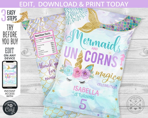 Mermaids and unicorns joint party chip bag, chips pouch wrapper, under the sea, magical celebration birthday editable printable. 061HPA 30 B Il_570xn