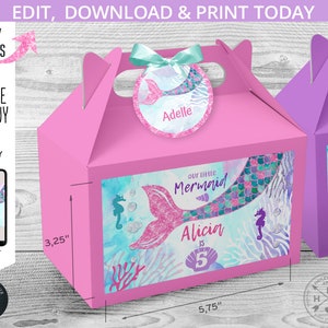 Mermaid Birthday Gable Gift Box Labels and Name Tags. Pink Glitter Tail ...