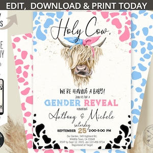 Invitación editable para fiesta de revelación de género de baby shower, de color azul y rosa, para niño y niña, de las tierras altas, para fiesta en la granja. Imprimible y autoeditable. 210HPA 07