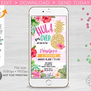 Hawaiian luau pineapple electronic birthday invitation any age tropical pool party smartphone e-vite digital. Selfediting. E187 01 187hpa image 1