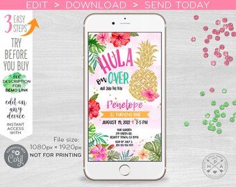 Hawaiian luau pineapple electronic birthday invitation any age tropical pool party smartphone e-vite digital. Selfediting. E187 01 187hpa