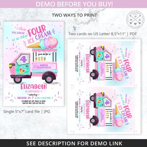 May include: A pink and blue ice cream van with a sign that says "Four Ice Cream" and a number 4 on the side. The van is decorated with sprinkles and ice cream cones. The text "I scream, you scream, we all scream for ice cream" is on the left side of the image. The text "Join us for a sweet celebration" is on the right side of the image. The text "Elizabeth is turning 4" is at the bottom of the image.