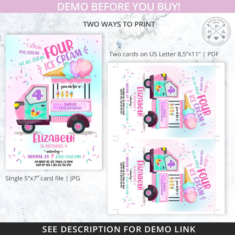 May include: A pink and blue ice cream van with a sign that says "Four Ice Cream" and a number 4 on the side. The van is decorated with sprinkles and ice cream cones. The text "I scream, you scream, we all scream for ice cream" is on the left side of the image. The text "Join us for a sweet celebration" is on the right side of the image. The text "Elizabeth is turning 4" is at the bottom of the image.