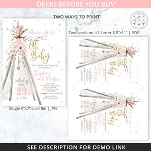 Op de afbeelding: Een roze en gouden babyshower uitnodiging met een tipi-ontwerp. De uitnodiging zegt "Adventure Awaits" en "Oh Baby" met de tekst "Sluit je aan bij ons voor een babyshower ter ere van Stephanie en Matthew". De uitnodiging bevat ook de datum en tijd van de babyshower, het adres en RSVP-informatie.