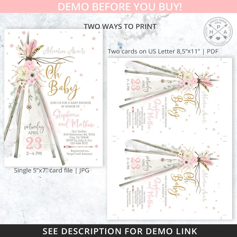 Op de afbeelding: Een roze en gouden babyshower uitnodiging met een tipi-ontwerp. De uitnodiging zegt "Adventure Awaits" en "Oh Baby" met de tekst "Sluit je aan bij ons voor een babyshower ter ere van Stephanie en Matthew". De uitnodiging bevat ook de datum en tijd van de babyshower, het adres en RSVP-informatie.
